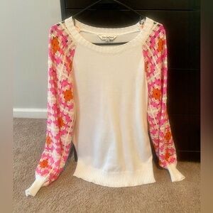 Davi & Dani Cream Crewneck Sweater with Pink & Orange Crochet Sleeves